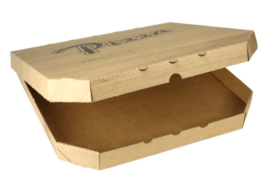 PIZZA krabice 32x32x3 cm hnědá s dřevěným dekorem a potiskem PIZZA (100 ks)
