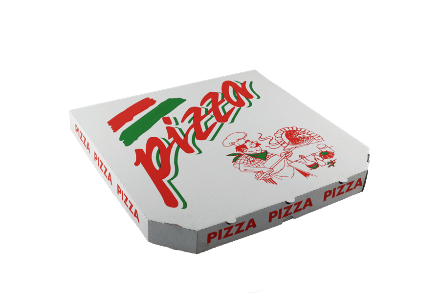 PIZZA krabice 45x45x4 cm bílá s potiskem kuchař (50 ks)